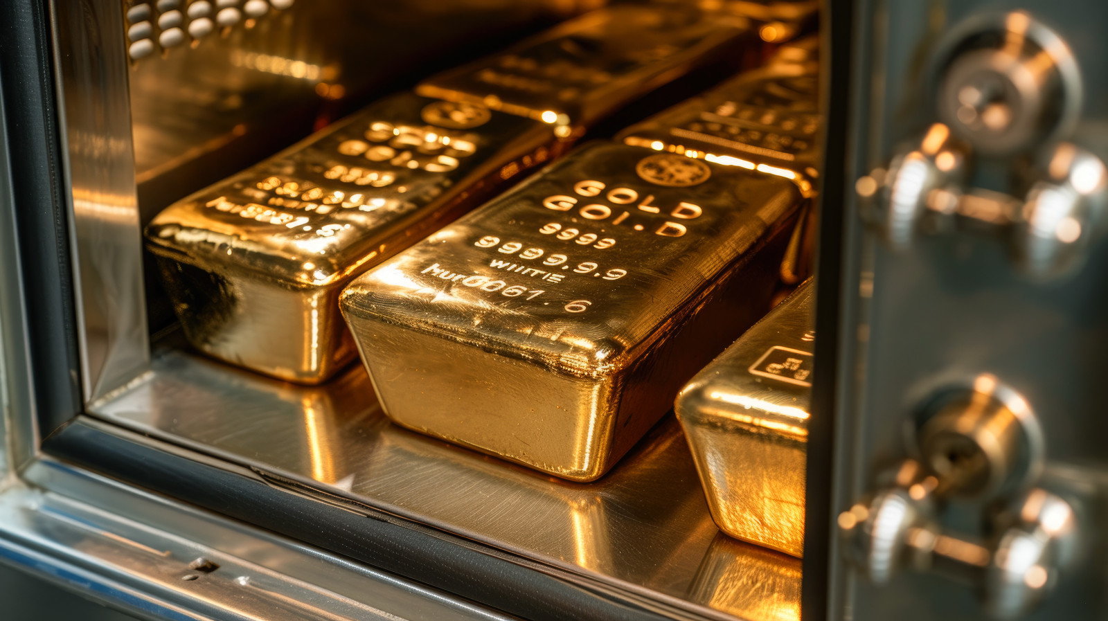 3 Goldbarren die in einem Tresor liegen und die Tür weit offen ist.